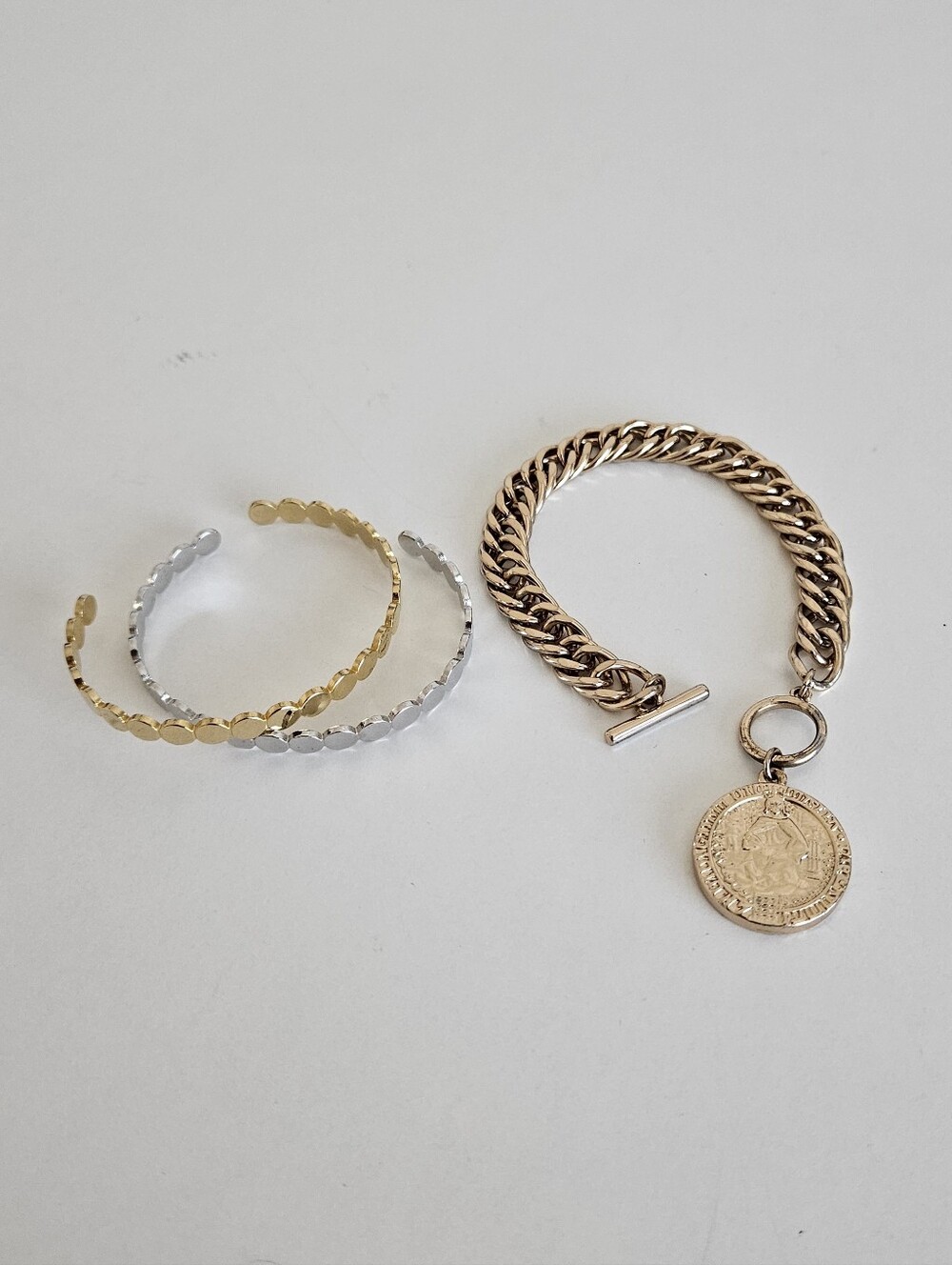 Gold Chain Medallion Bracelet Slim Open Silver Cuffs Costume Jewelry 3-Piece